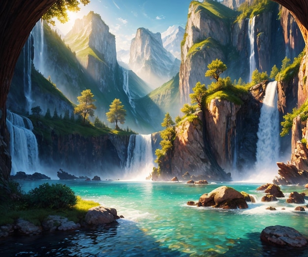 A painting of a waterfall with a waterfall in the background