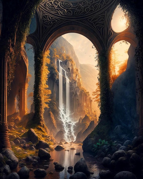 A painting of a waterfall with a waterfall in the background