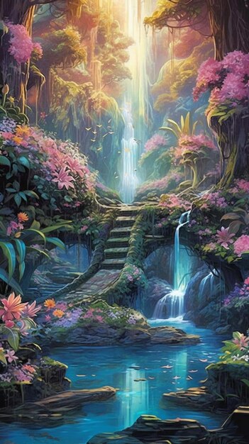 A painting of a waterfall with a waterfall in the background.