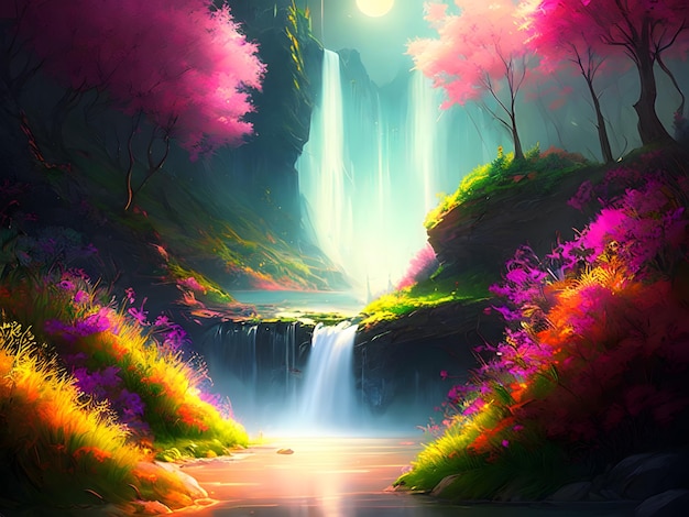 A painting of a waterfall with a waterfall in the background.