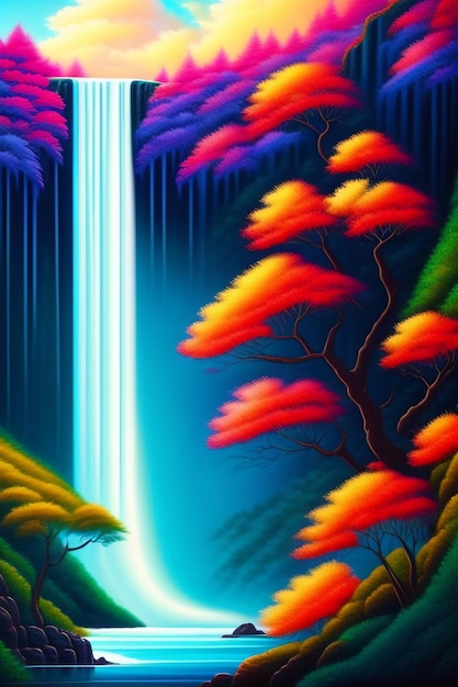 A painting of a waterfall with a waterfall in the background