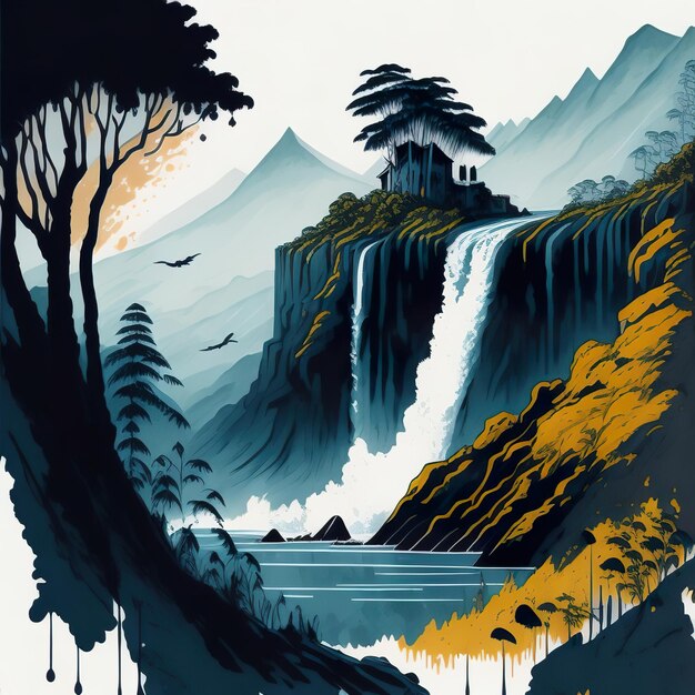 A painting of a waterfall with the words " the mountain " on it.