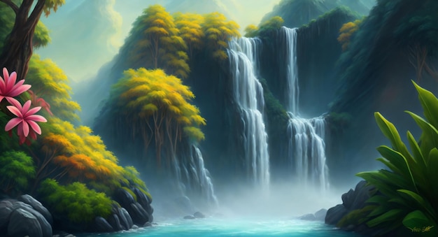 A painting of a waterfall with the words waterfall on it