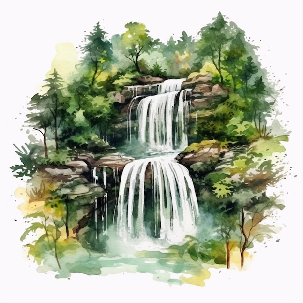 a painting of a waterfall in the woods with trees generative ai