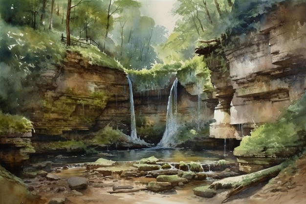 A painting of a waterfall in the woods