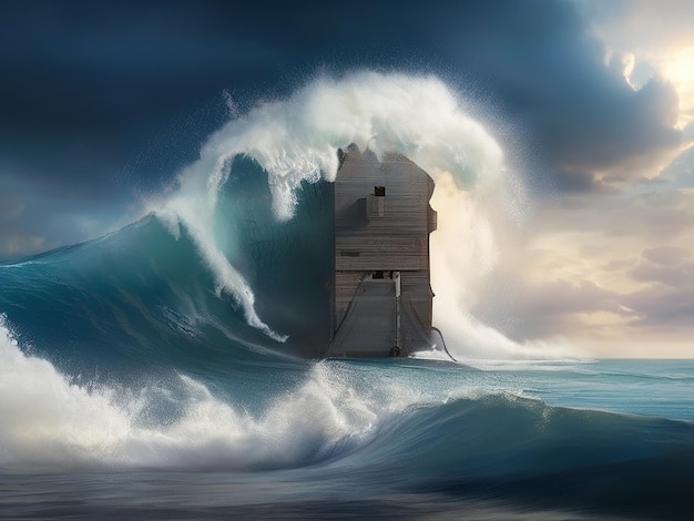 a painting of a wave breaking against a wall with a large wave crashing down