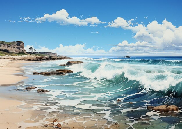 Painting of a wave breaking on a beach with rocks and a lighthouse in the background generative ai