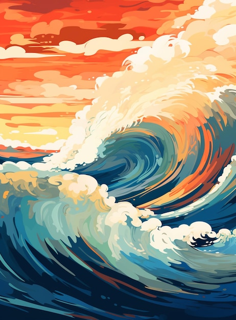 painting of a wave breaking in the ocean at sunset generative ai