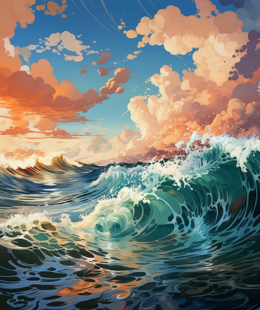 Painting of a wave breaking in the ocean with a sunset in the background generative ai