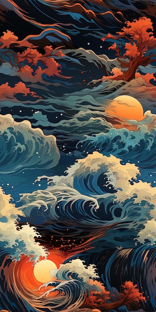 a painting of a wave breaking on the ocean.