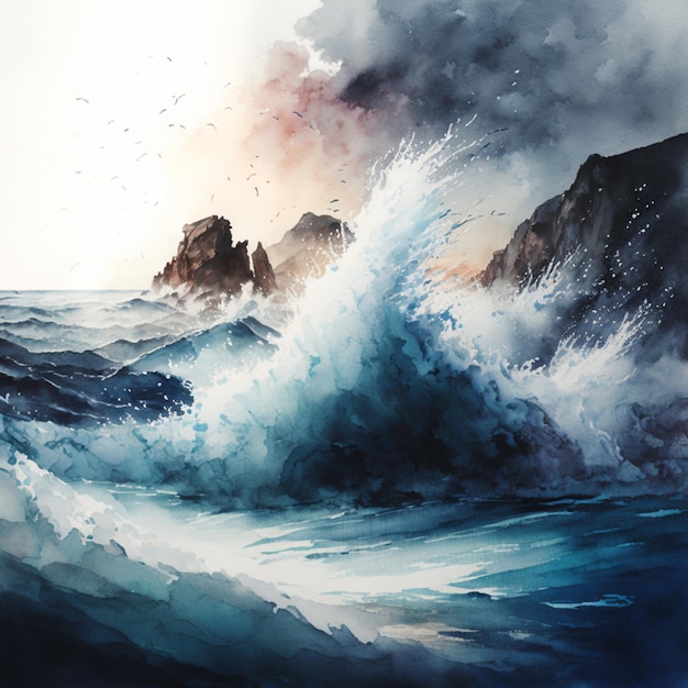 painting of a wave breaking on a rocky shore with birds flying around generative ai