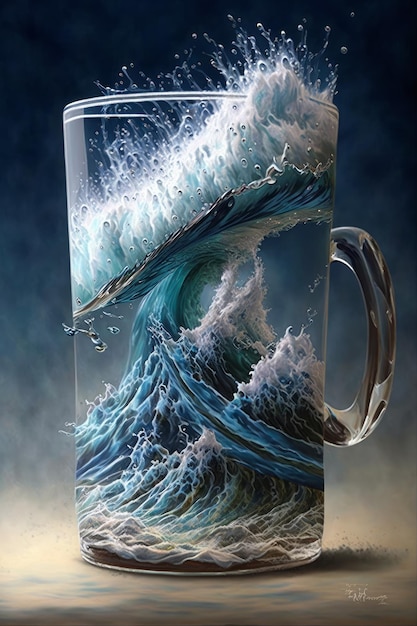 Painting of wave crashing into coffee cup Generative AI