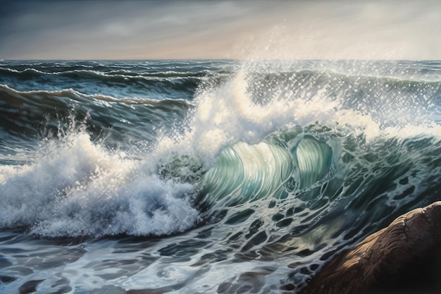 A painting of a wave crashing on a rock.