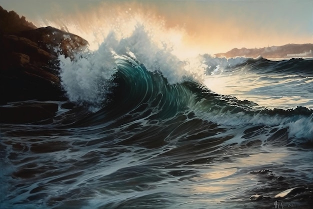 A painting of a wave crashing on rocks with the sun setting behind it.