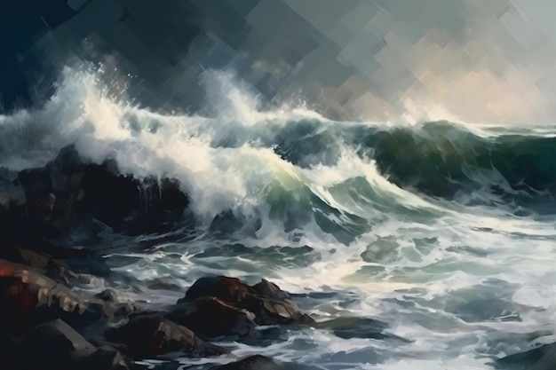 A painting of a wave crashing on rocks.