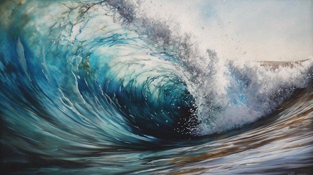 A painting of a wave is being painted on a wooden wall.