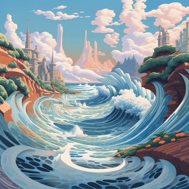 A painting of a wave in the ocean with a city in the background.