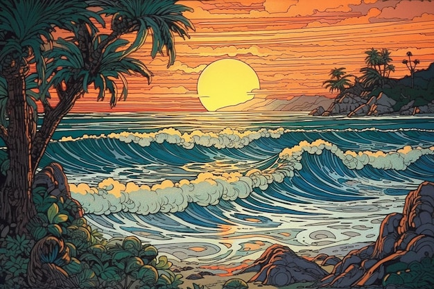 A painting of a wave and palm trees with the sun setting behind it.