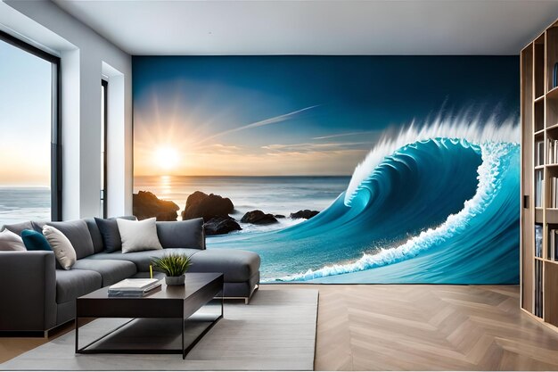 A painting of a wave in a room with the ocean in the background