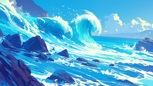 Photo a painting of a wave and the sea
