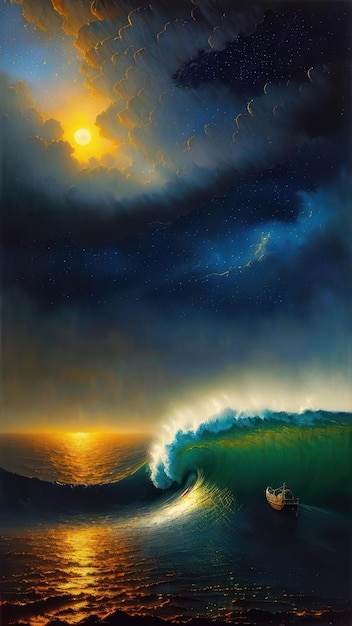 A painting of a wave and the sun