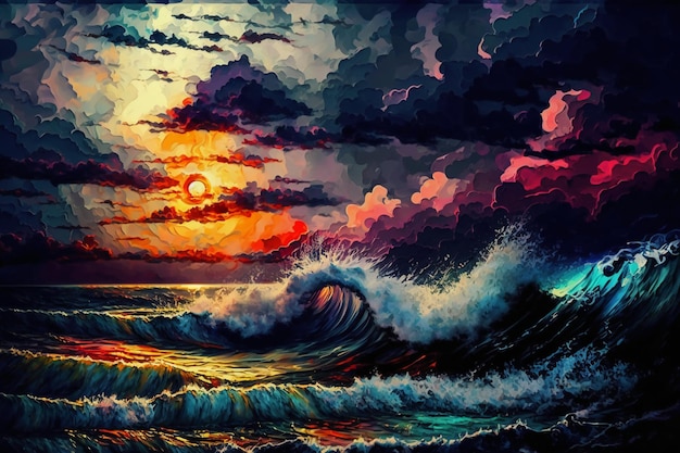 A painting of a wave and the sun