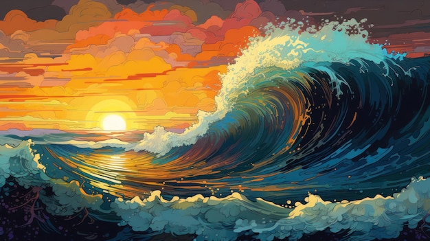 Painting of a wave and the sun