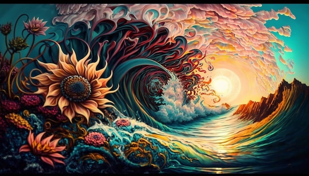 A painting of a wave and a sunflower