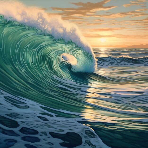 a painting of a wave that has the sun shining on it.