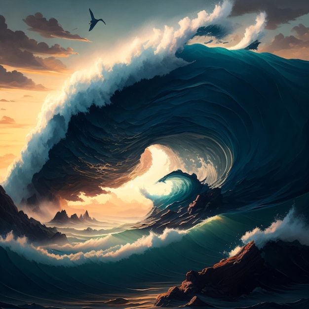 A painting of a wave with a bird flying in the background.