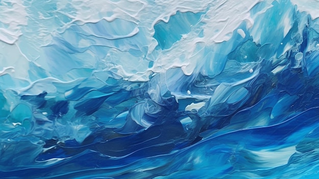 A painting of a wave with blue paint and white paint.