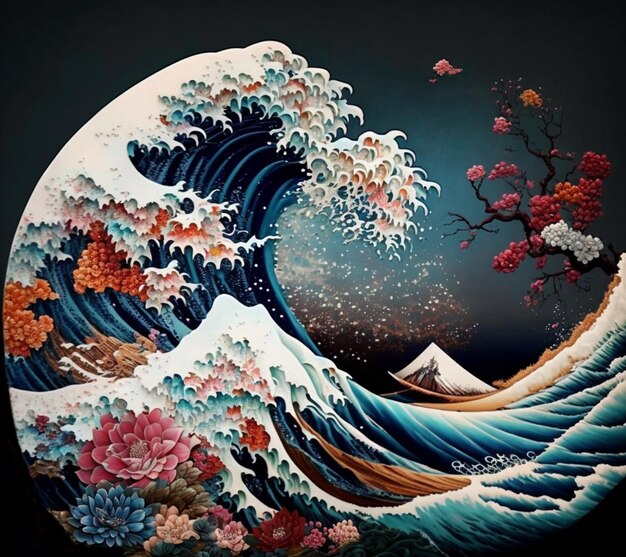 Photo painting of a wave with flowers and a tree in the background generative ai