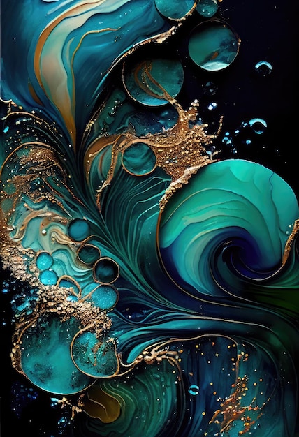 A painting of a wave with gold and blue colors.