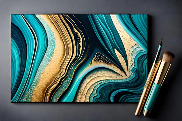 a painting of a wave with a gold frame.