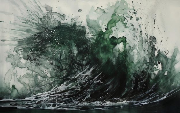 A painting of a wave with green paint and a green wave