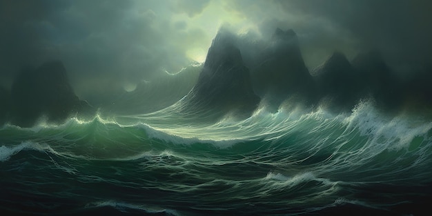 山を背景にした波の絵