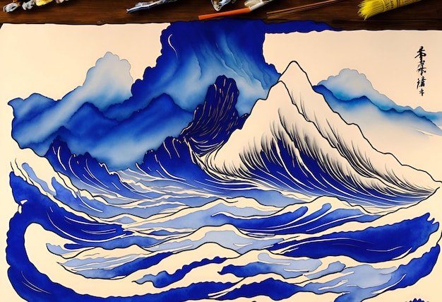 A painting of a wave with mountains on it