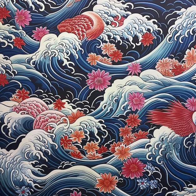 A painting of a wave with pink flowers on it.
