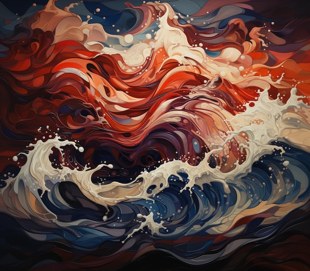 painting of a wave with a red and blue swirl in the middle generative ai