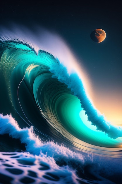 A painting of a wave with the sun behind it