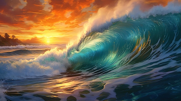 A painting of a wave with the sun setting behind it