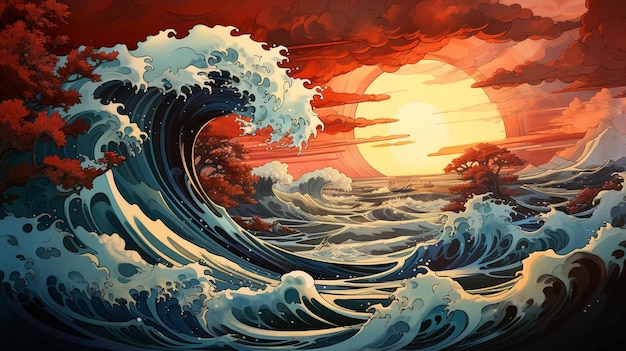 Foto un dipinto di un'onda con il sole che tramonta dietro di essa