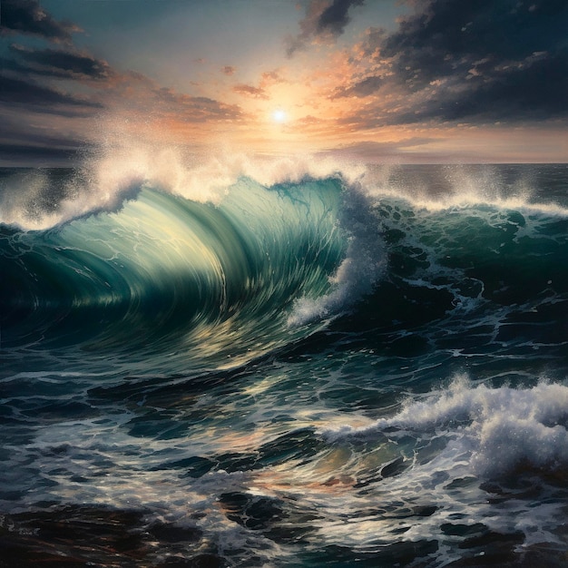 A painting of a wave with the sun setting behind it