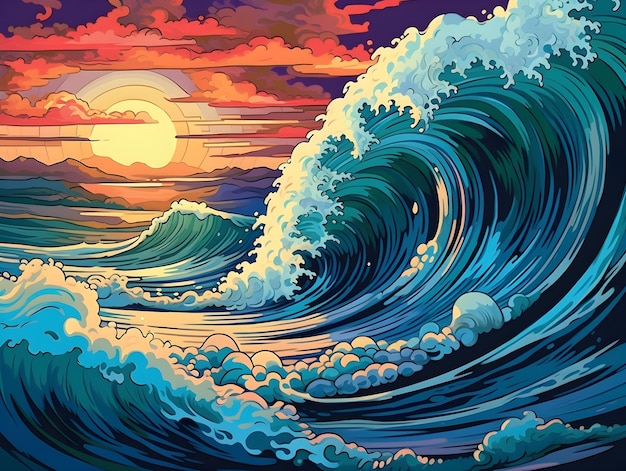 A painting of a wave with the sun setting behind it