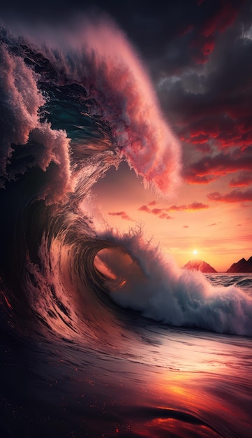 A painting of a wave with the sun setting behind it