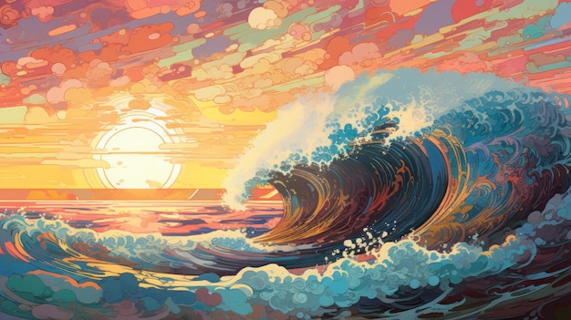 A painting of a wave with the sun setting behind it