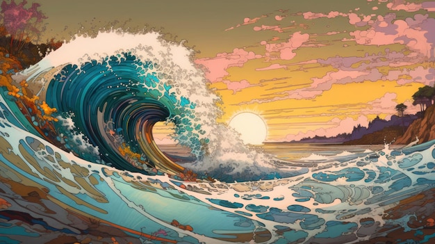 A painting of a wave with the sun setting behind it