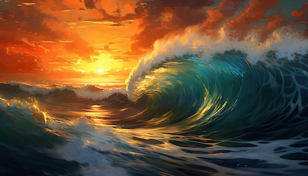 A painting of a wave with the sun setting behind it