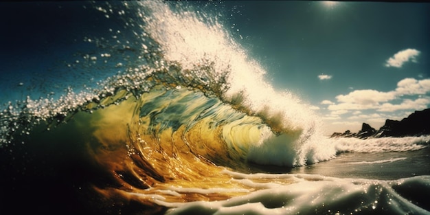 A painting of a wave with the sun shining on it.