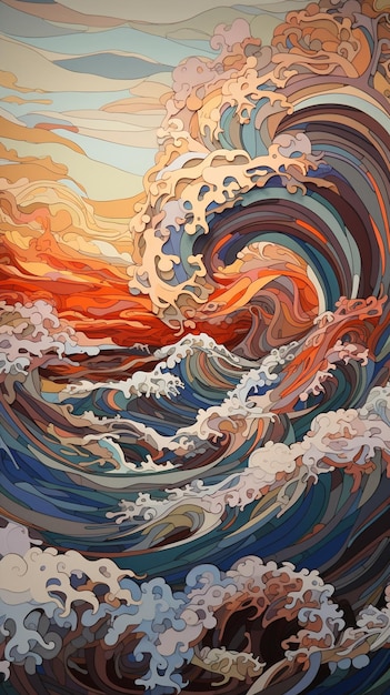 A painting of a wave with the sun shining on it